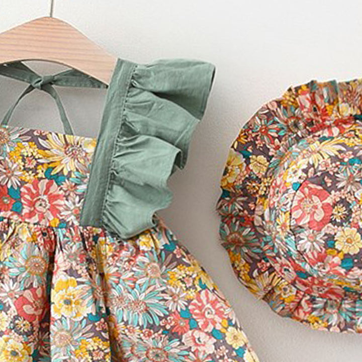 Girls Floral Printed Square Neck Fit & Flare Dress