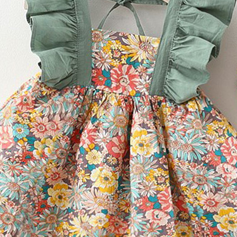Girls Floral Printed Square Neck Fit & Flare Dress
