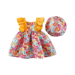 Girls Floral Printed Square Neck Empire Mini Dress With Hat