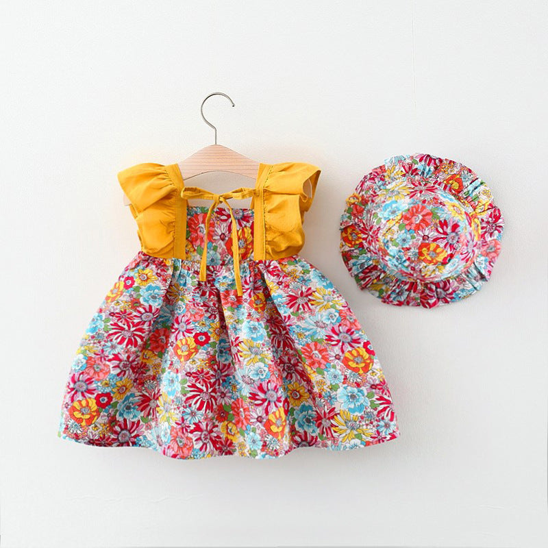 Girls Floral Printed Square Neck Empire Mini Dress With Hat