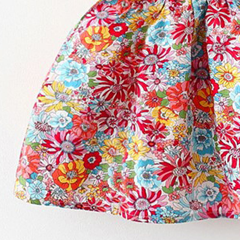 Girls Floral Printed Square Neck Empire Mini Dress With Hat