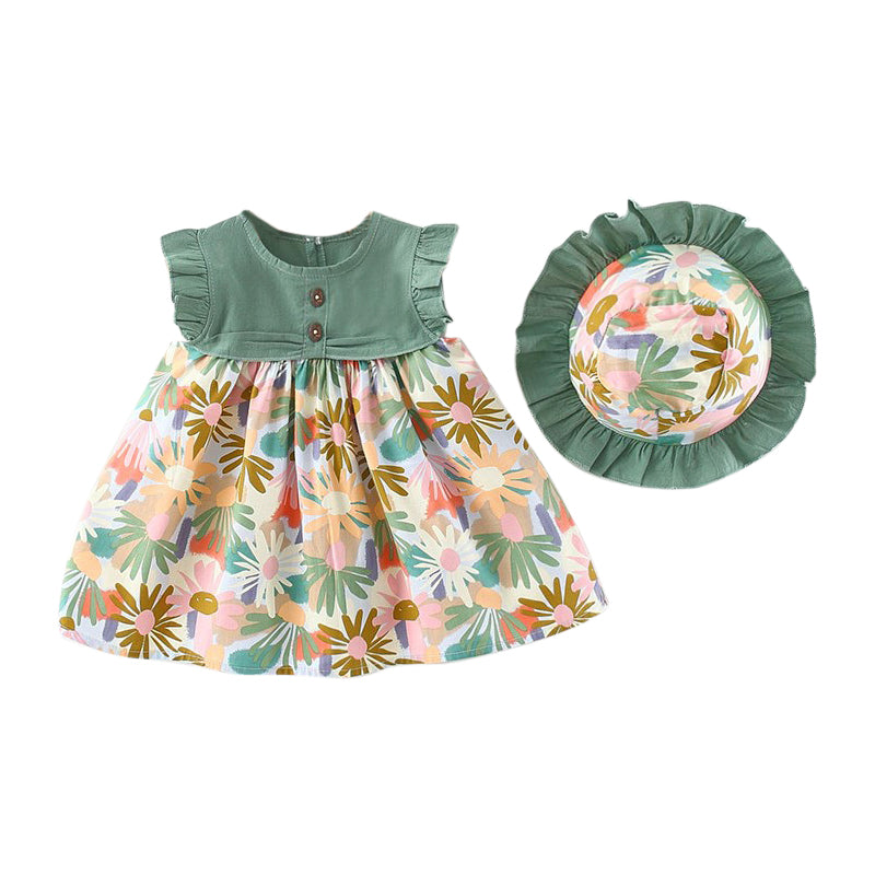 Girls Floral Print Fit & Flare Ruffles Detail Mini Dress With Cap