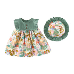 Girls Floral Print Fit & Flare Ruffles Detail Mini Dress With Cap