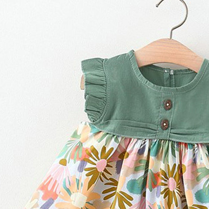 Girls Floral Print Fit & Flare Ruffles Detail Mini Dress With Cap