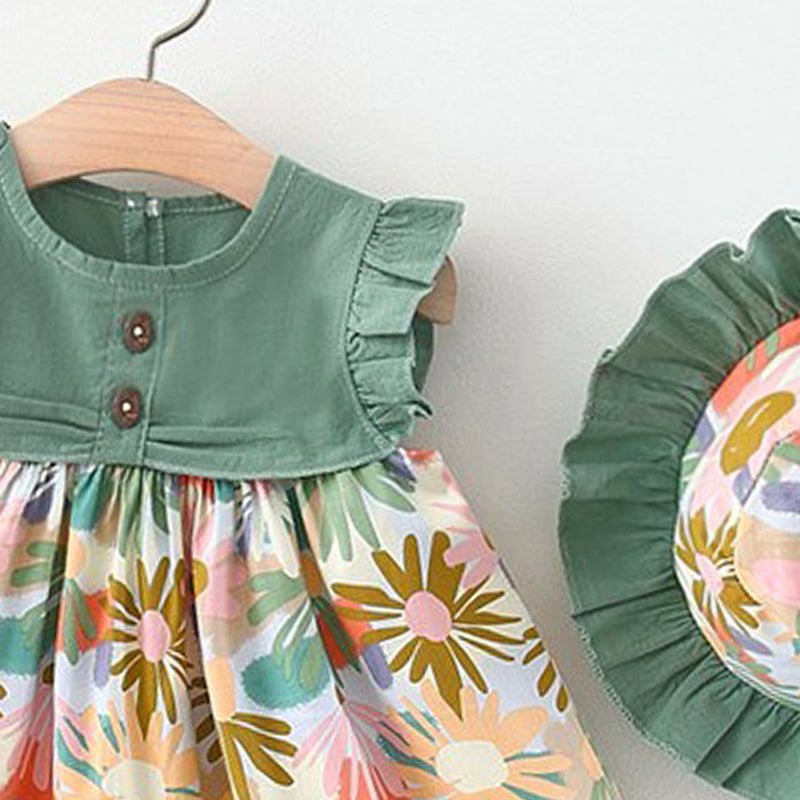 Girls Floral Print Fit & Flare Ruffles Detail Mini Dress With Cap