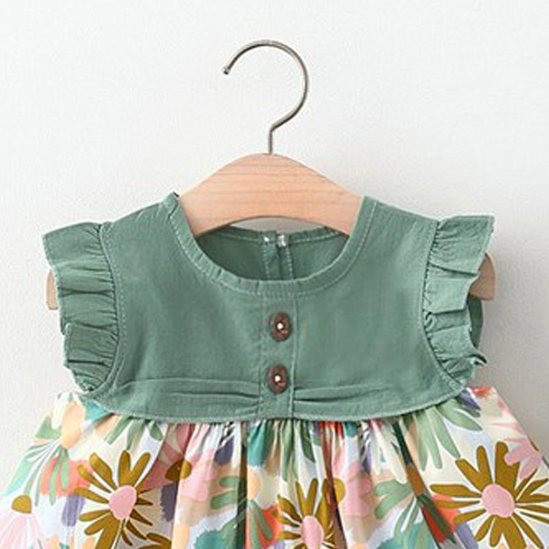 Girls Floral Print Fit & Flare Ruffles Detail Mini Dress With Cap