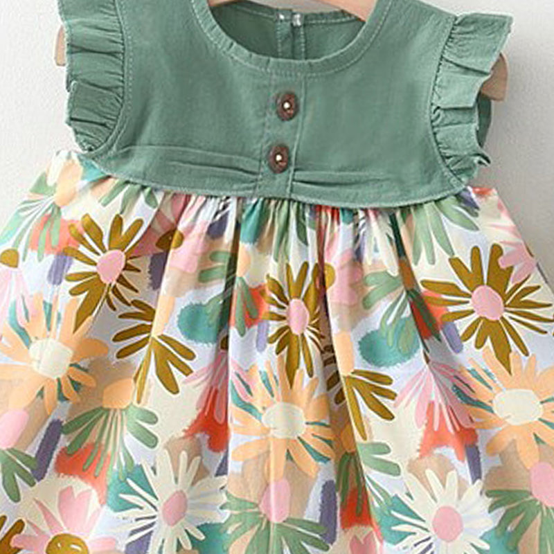 Girls Floral Print Fit & Flare Ruffles Detail Mini Dress With Cap