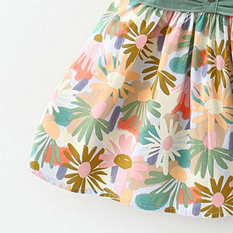 Girls Floral Print Fit & Flare Ruffles Detail Mini Dress With Cap
