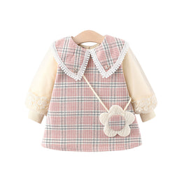 Girls Printed Checked Peter Pan Collar A-Line Mini Dress