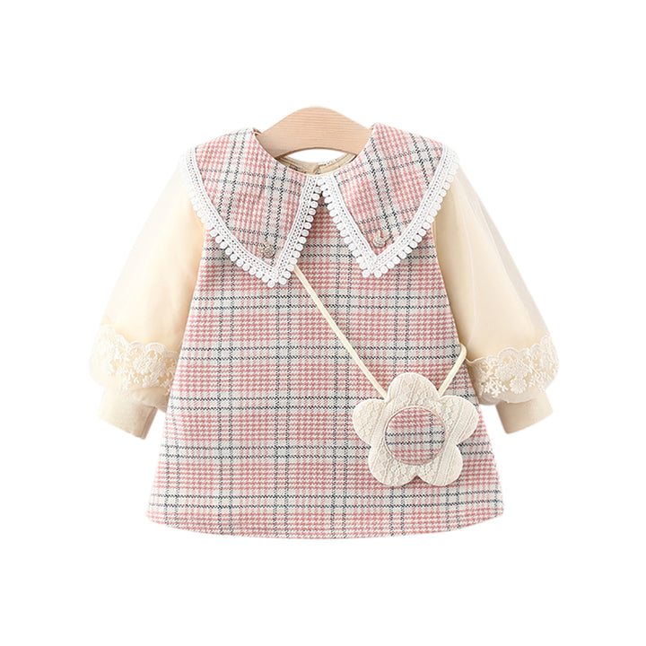 Girls Printed Checked Peter Pan Collar A-Line Mini Dress