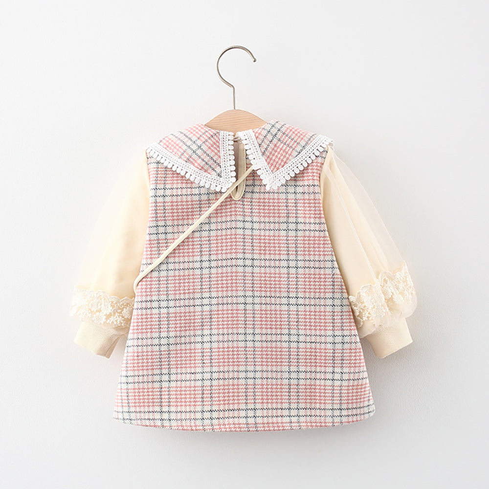 Girls Printed Checked Peter Pan Collar A-Line Mini Dress