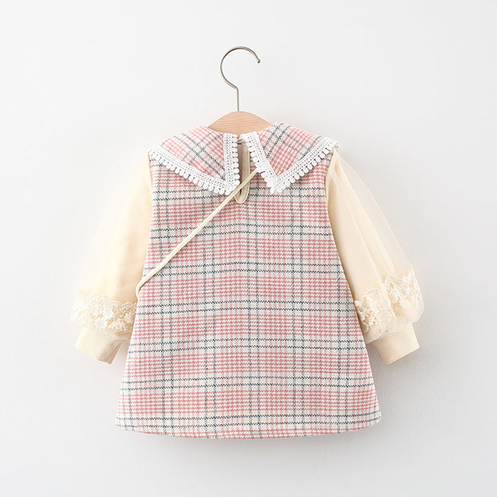 Girls Printed Checked Peter Pan Collar A-Line Mini Dress