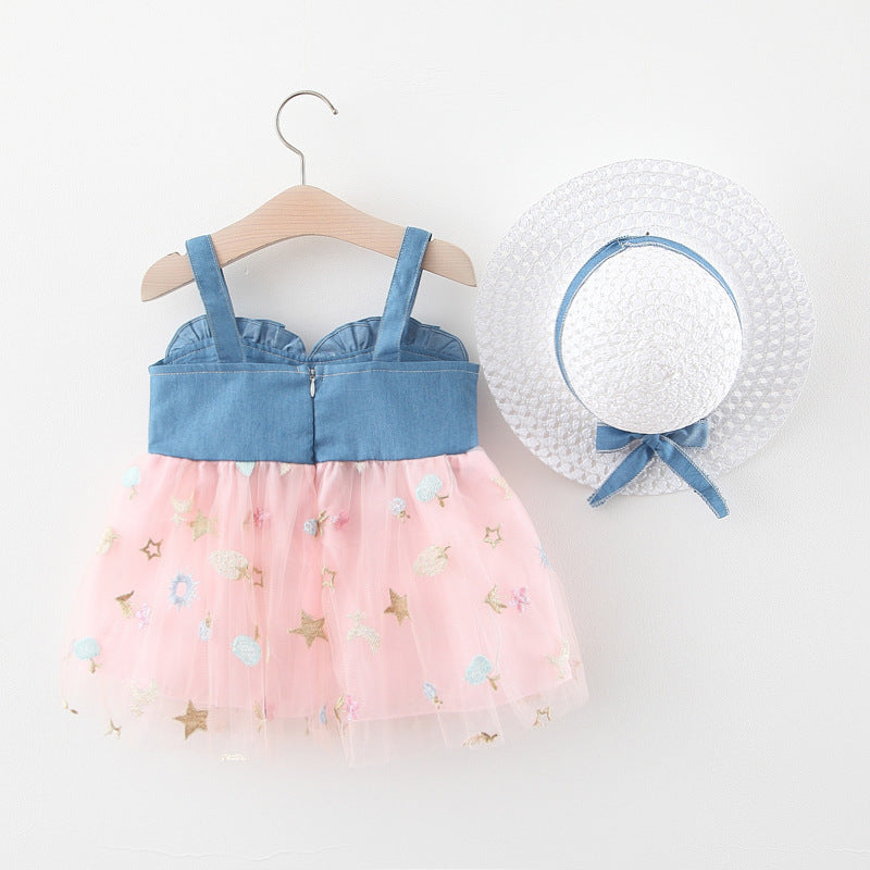 Girls Embroidered Fit-Flare Mini Dress with Hat