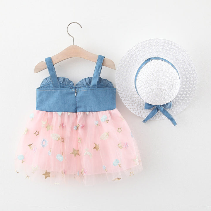 Girls Embroidered Fit-Flare Mini Dress with Hat