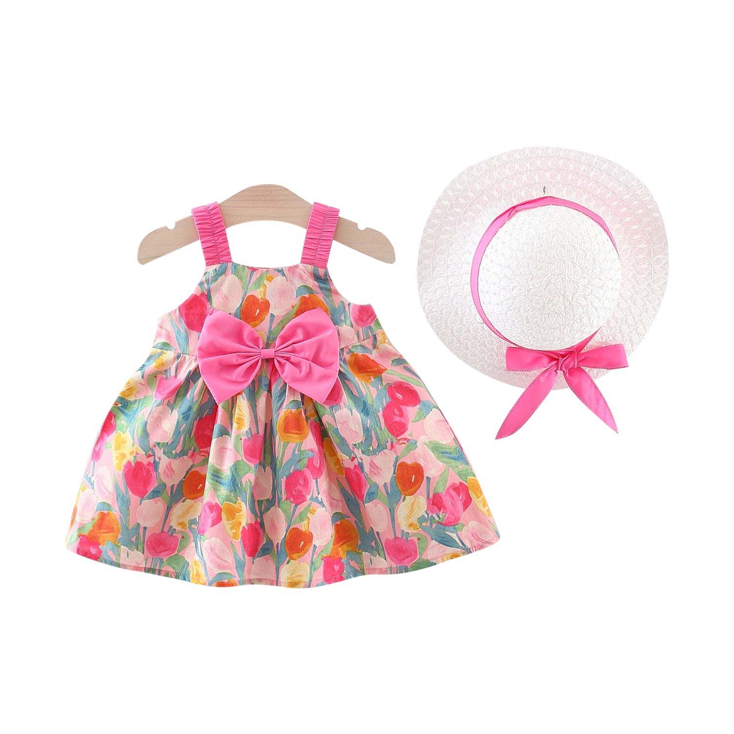 Girls Floral Printed Fit and Flare Mini Dress With a Hat