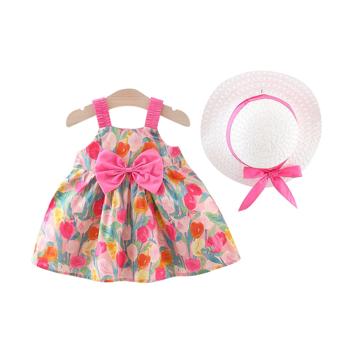 Girls Floral Printed Fit and Flare Mini Dress With a Hat