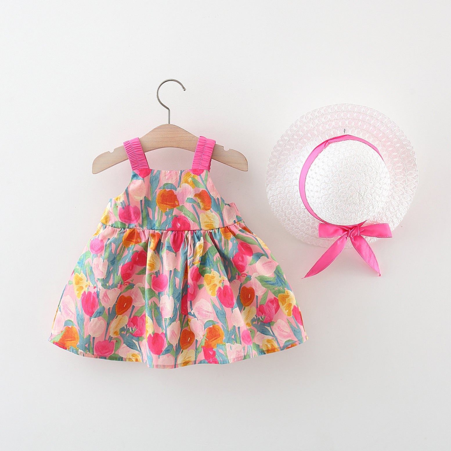 Girls Floral Printed Fit and Flare Mini Dress With a Hat
