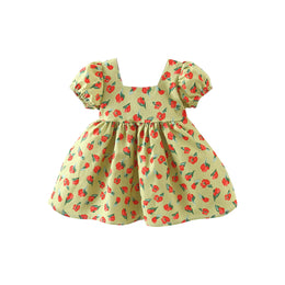 Girls Floral Printed Bow Detail Puff Sleeve Cotton Fit & Flare Dress