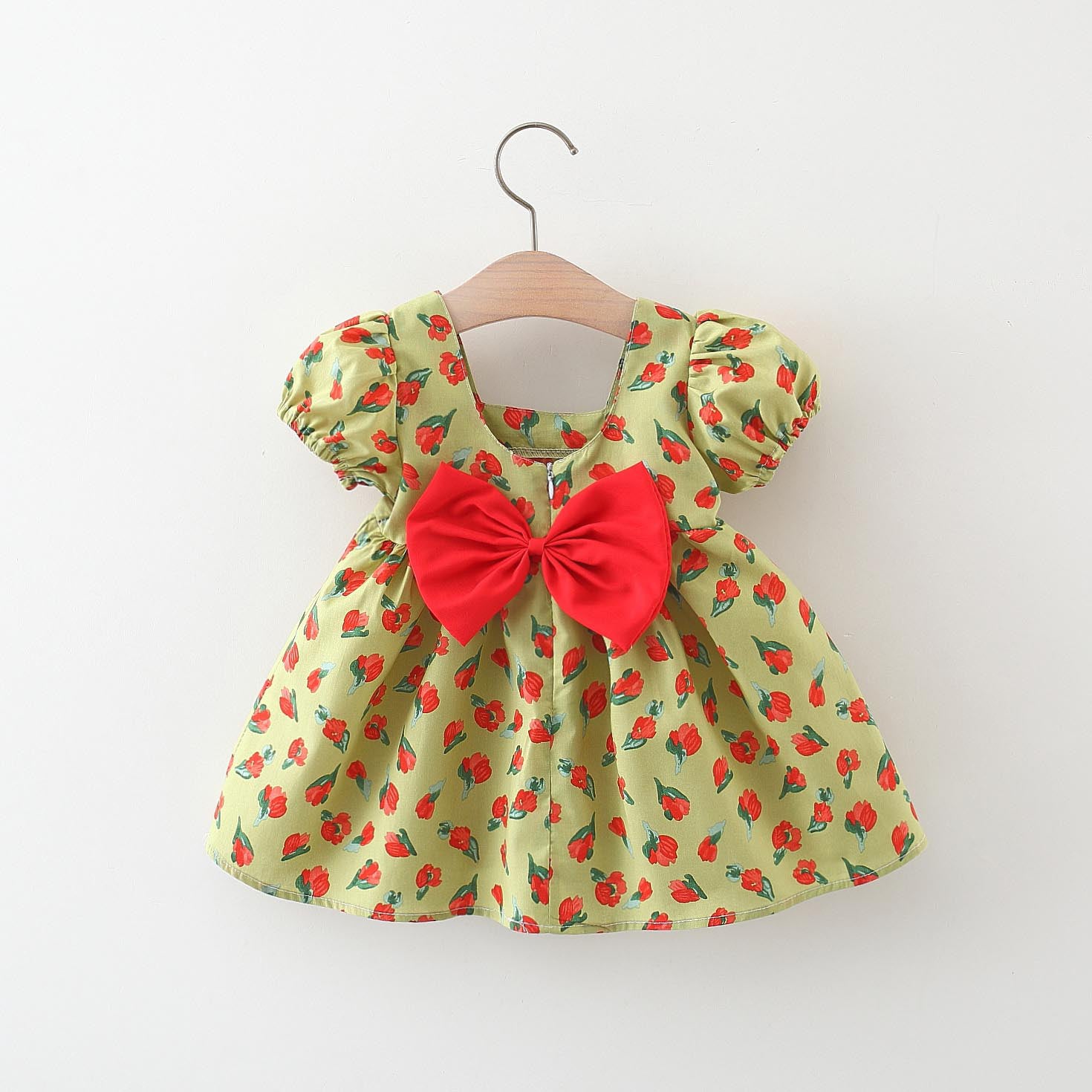 Girls Floral Printed Bow Detail Puff Sleeve Cotton Fit & Flare Dress