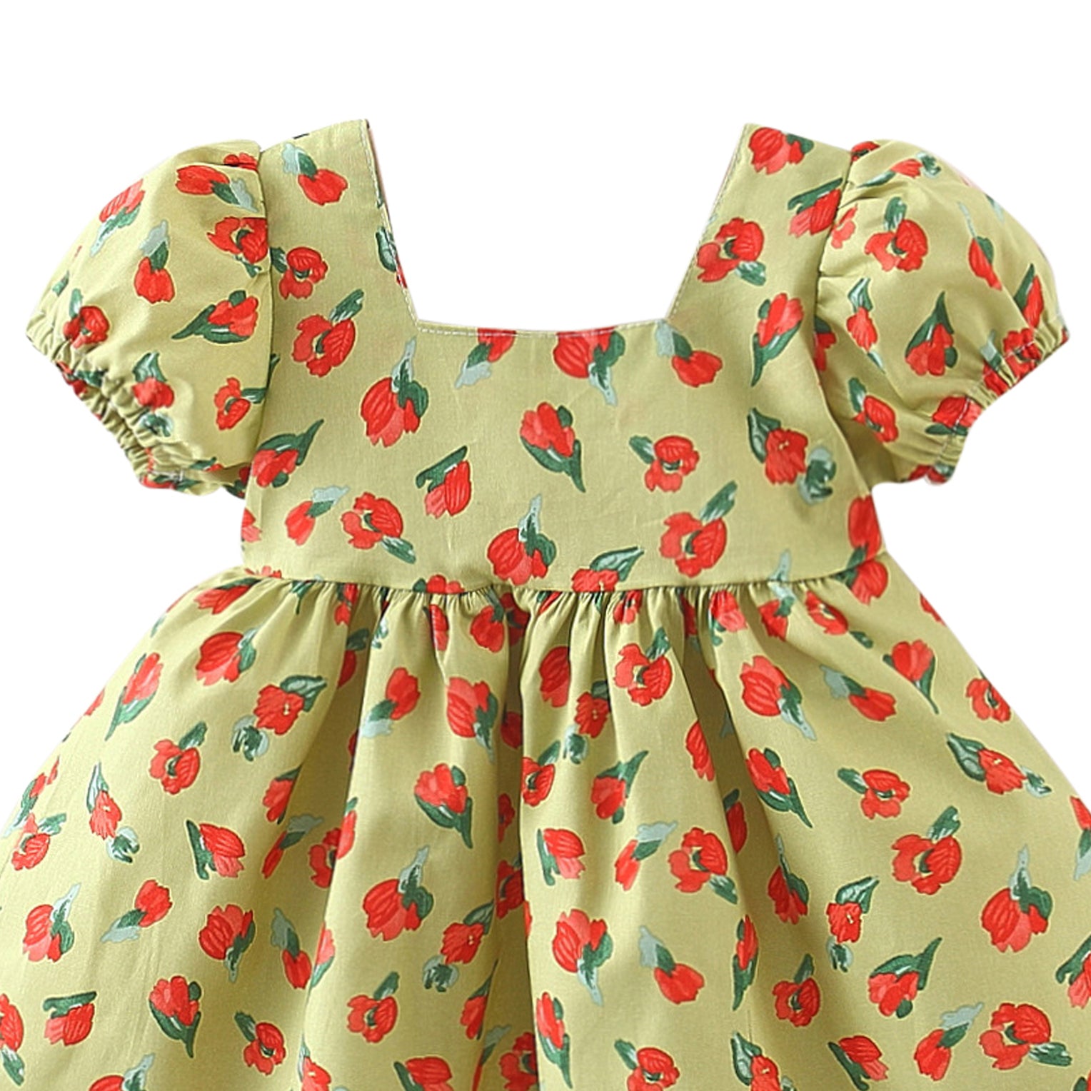 Girls Floral Printed Bow Detail Puff Sleeve Cotton Fit & Flare Dress