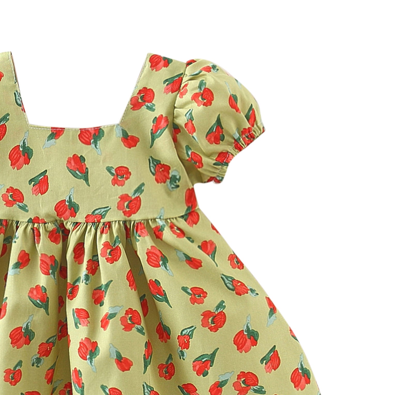 Girls Floral Printed Bow Detail Puff Sleeve Cotton Fit & Flare Dress