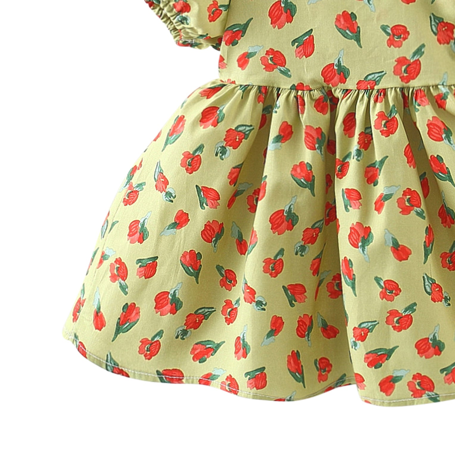 Girls Floral Printed Bow Detail Puff Sleeve Cotton Fit & Flare Dress