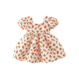 Girls Floral Printed Puff Sleeve A-Line Dress