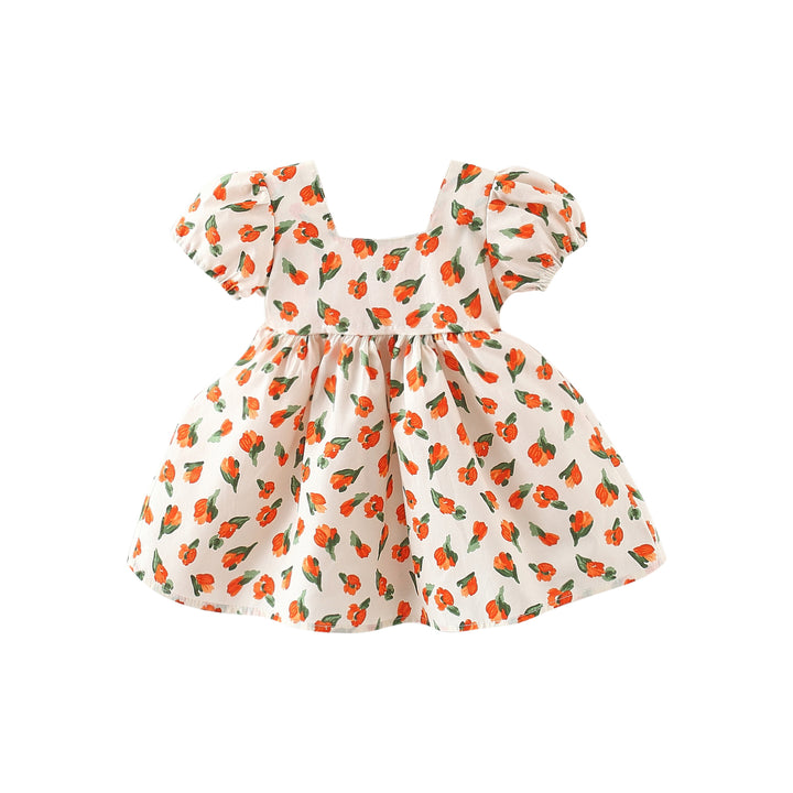Girls Floral Printed Puff Sleeve A-Line Dress
