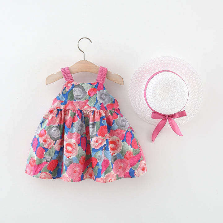 Girls Cotton Square Neck Sleeveless Floral Print A-Line Dress