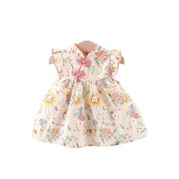 Girls Cotton V-Neck Floral Print Flutter Sleeve A-Line Dress