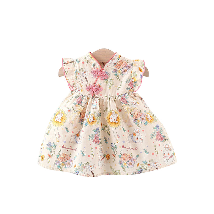 Girls Cotton V-Neck Floral Print Flutter Sleeve A-Line Dress