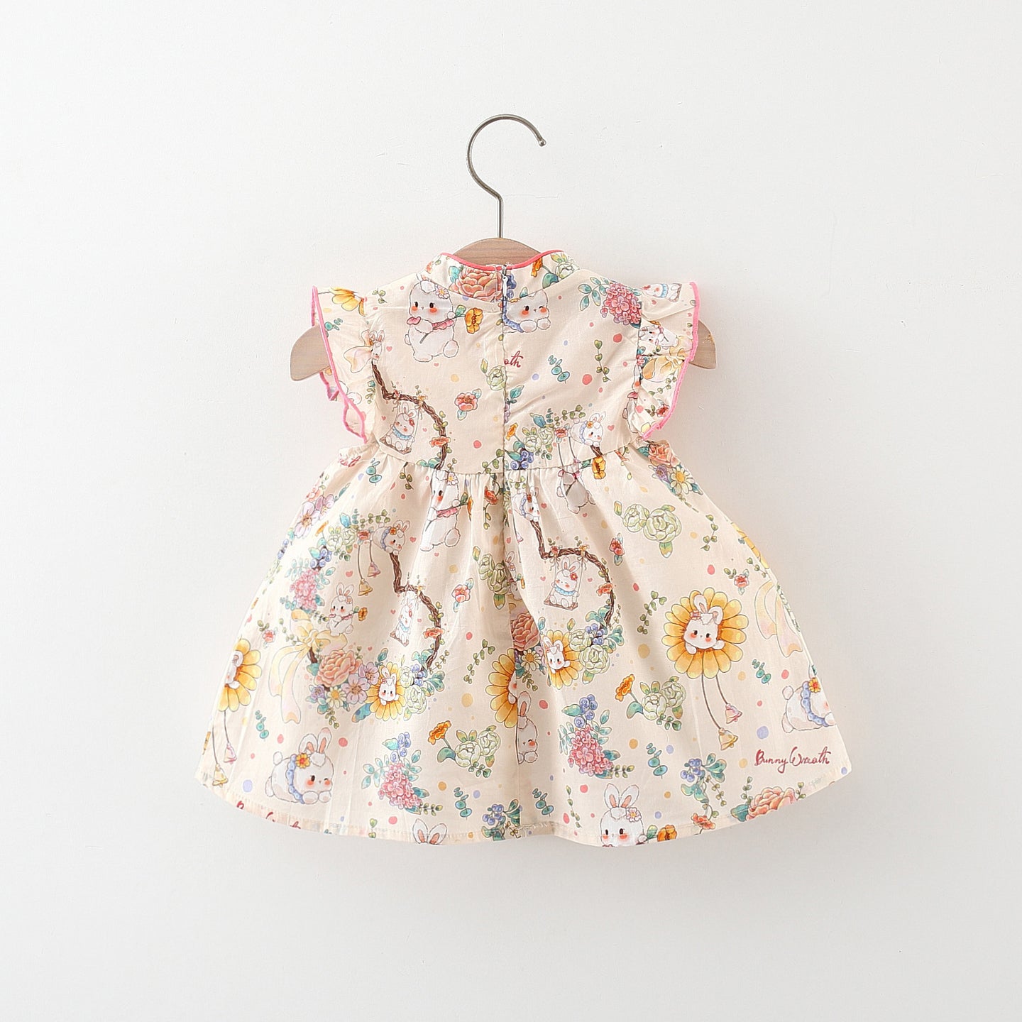 Girls Cotton V-Neck Floral Print Flutter Sleeve A-Line Dress