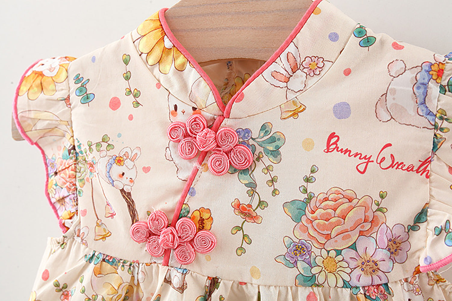 Girls Cotton V-Neck Floral Print Flutter Sleeve A-Line Dress