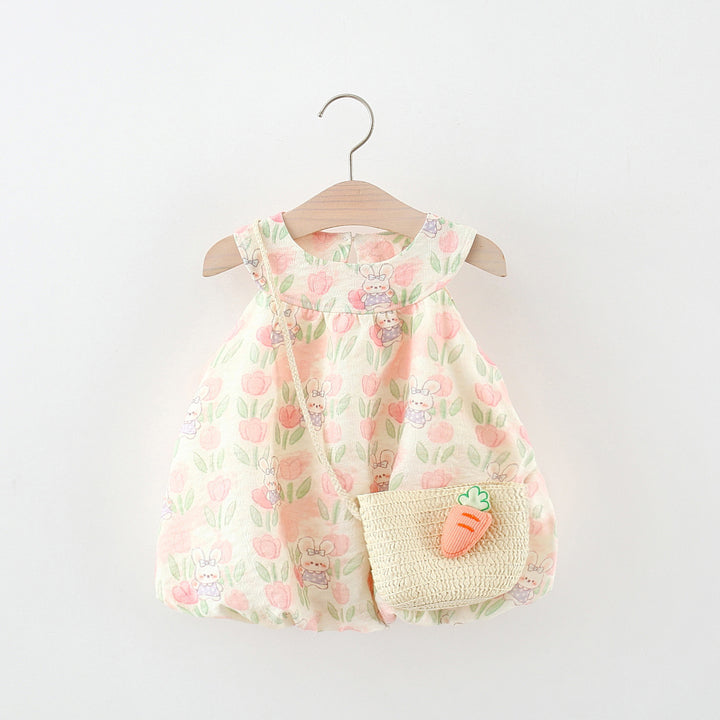 Girls Floral Printed Round Neck Gathered or Pleated A-Line Dress