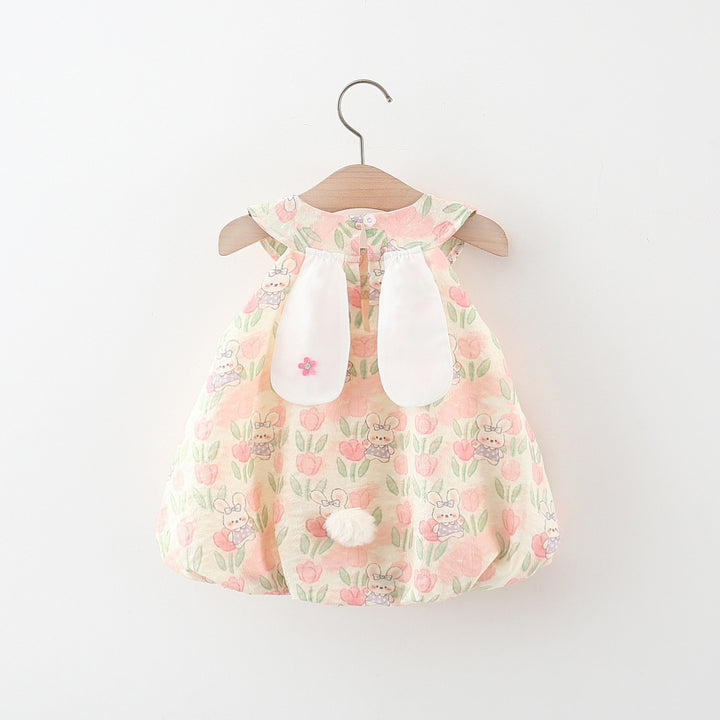 Girls Floral Printed Round Neck Gathered or Pleated A-Line Dress