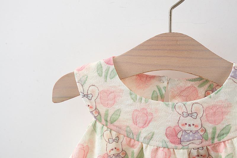 Girls Floral Printed Round Neck Gathered or Pleated A-Line Dress