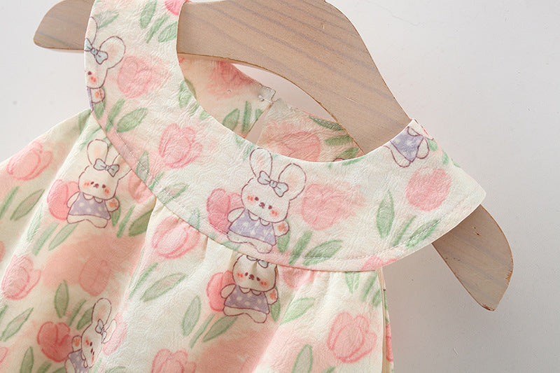 Girls Floral Printed Round Neck Gathered or Pleated A-Line Dress