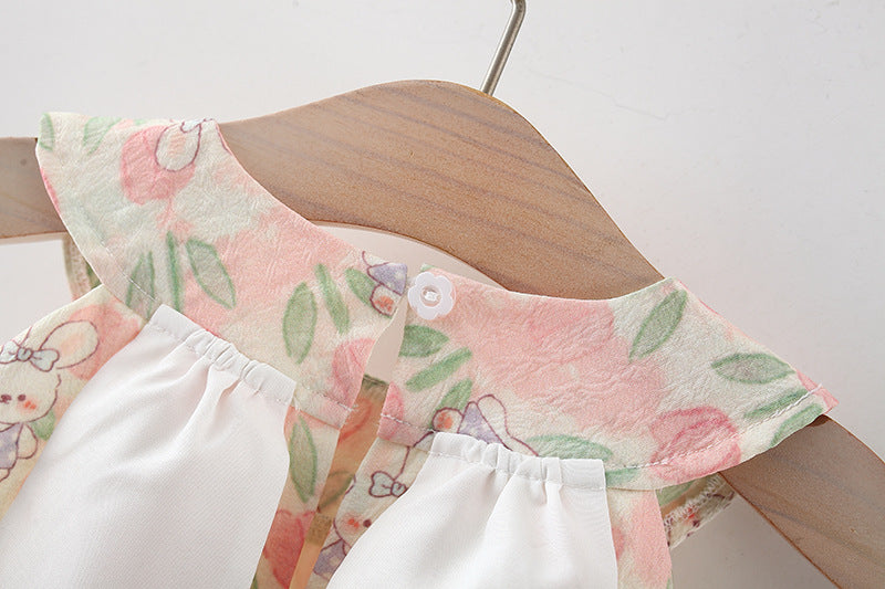 Girls Floral Printed Round Neck Gathered or Pleated A-Line Dress