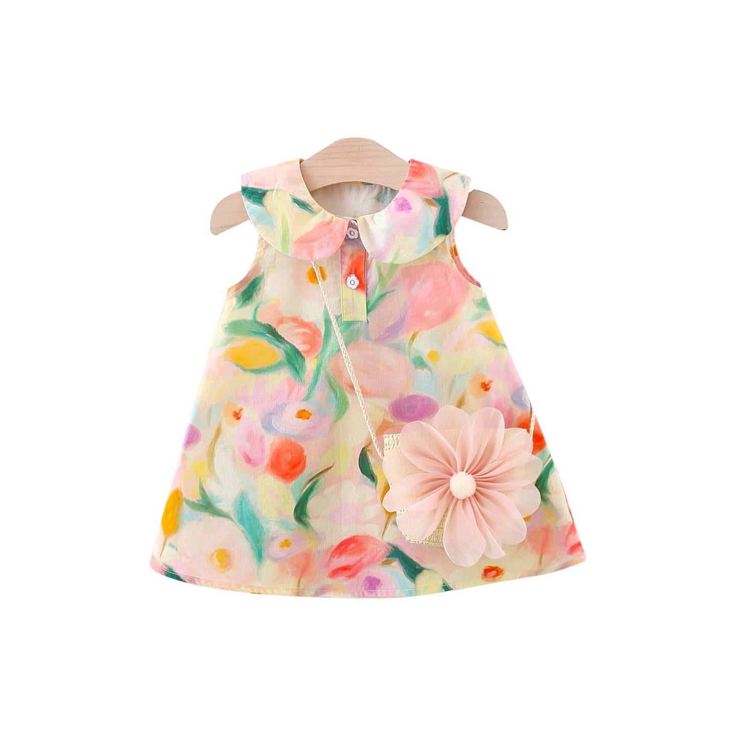 Girls Printed Peter Pan Collar A-Line Mini Dress With a Sling Bag