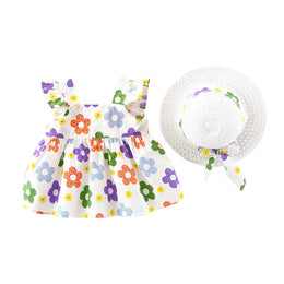 Girls Cotton Floral Printed Fit and Flare Dress With Hat