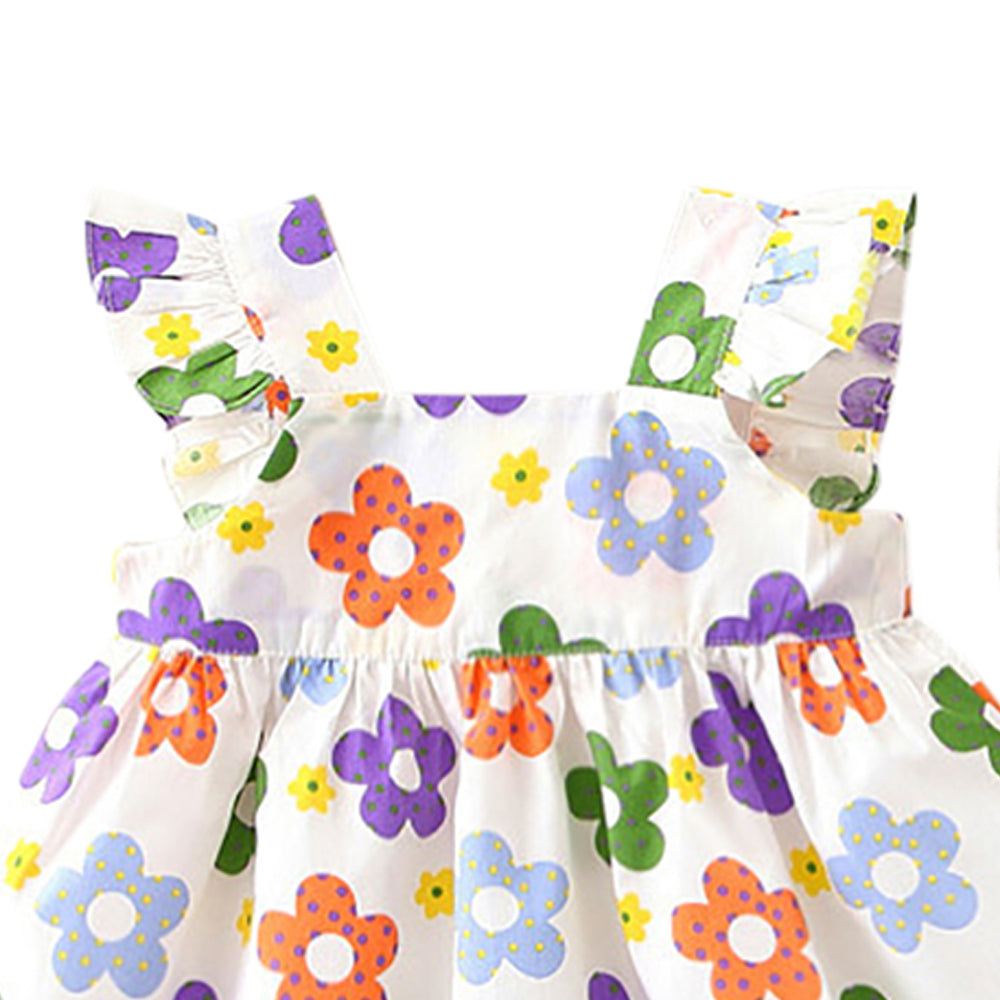 Girls Cotton Floral Printed Fit and Flare Dress With Hat