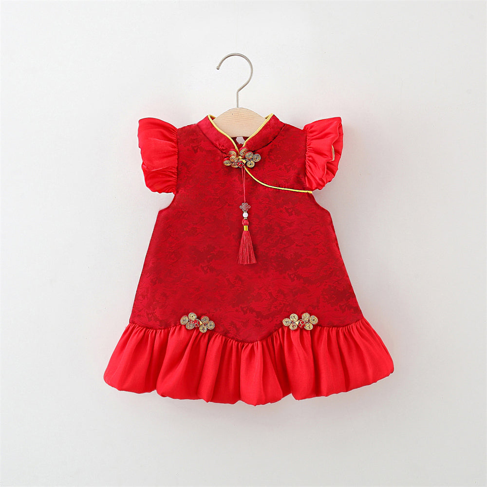 Girls Solid Round Neck Gathered or Pleated A-Line Dress