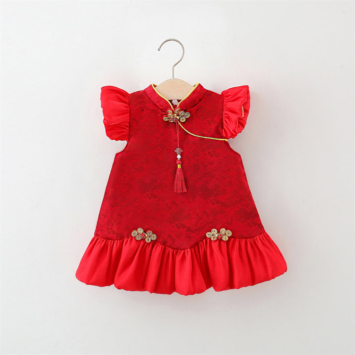 Girls Solid Round Neck Gathered or Pleated A-Line Dress