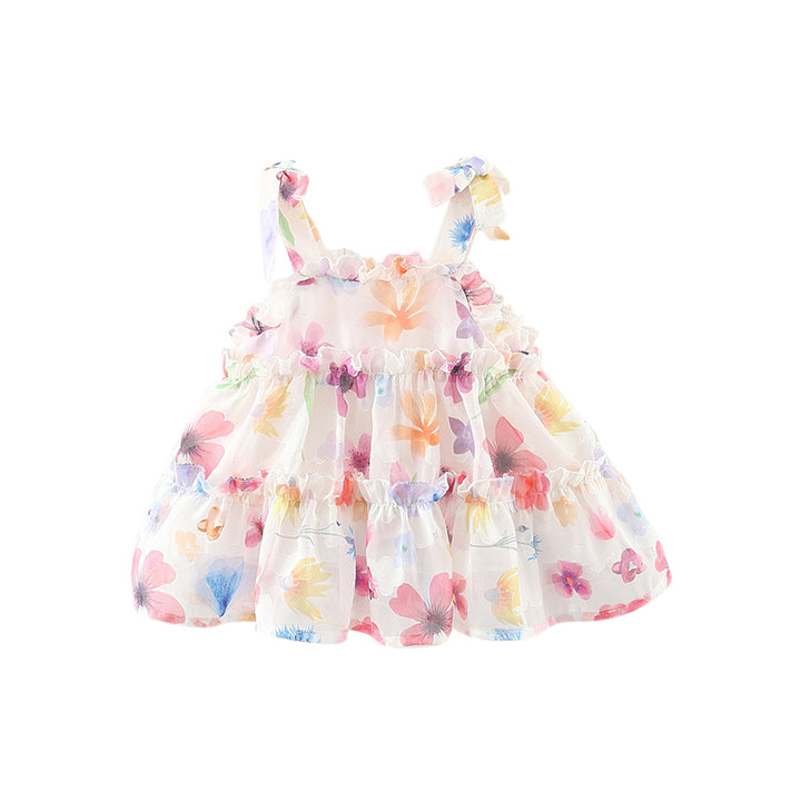 Girl Floral Print Tie-Up Neck Ruffled A-Line Mini Dress