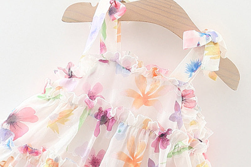 Girl Floral Print Tie-Up Neck Ruffled A-Line Mini Dress