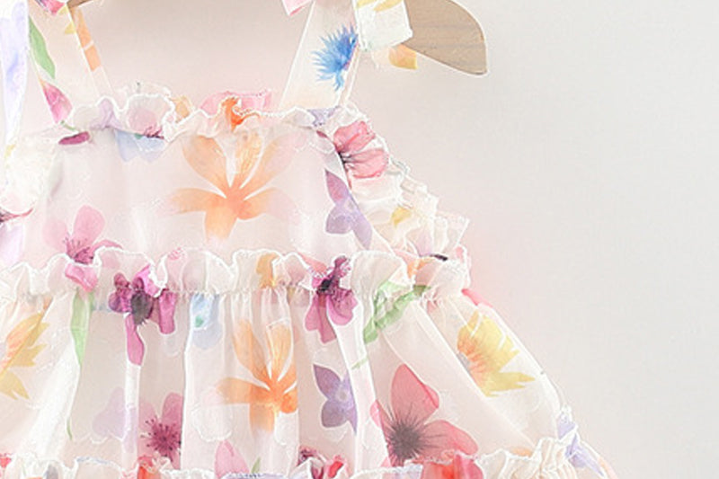 Girl Floral Print Tie-Up Neck Ruffled A-Line Mini Dress