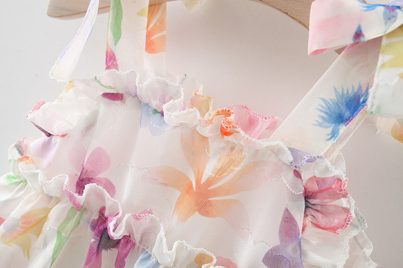 Girl Floral Print Tie-Up Neck Ruffled A-Line Mini Dress