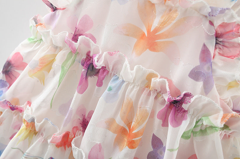 Girl Floral Print Tie-Up Neck Ruffled A-Line Mini Dress