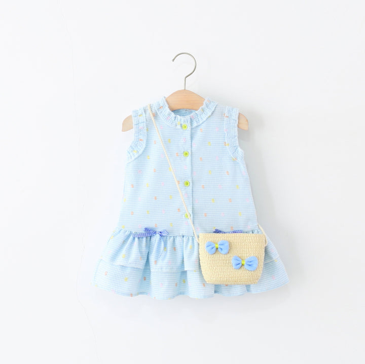 Girls Self Design Round Neck Gathered or Pleated Cotton A-Line Dress