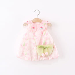 Girls Floral Printed Round Neck Gathered or Pleated A-Line Dress